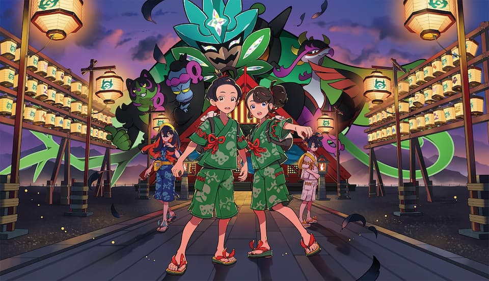promotional artwork from Nintendo and the Pokemon Company, showcasing two characters in the foreground (wearing green Japanese-inspired clothing) and new pokemon in the backgroud