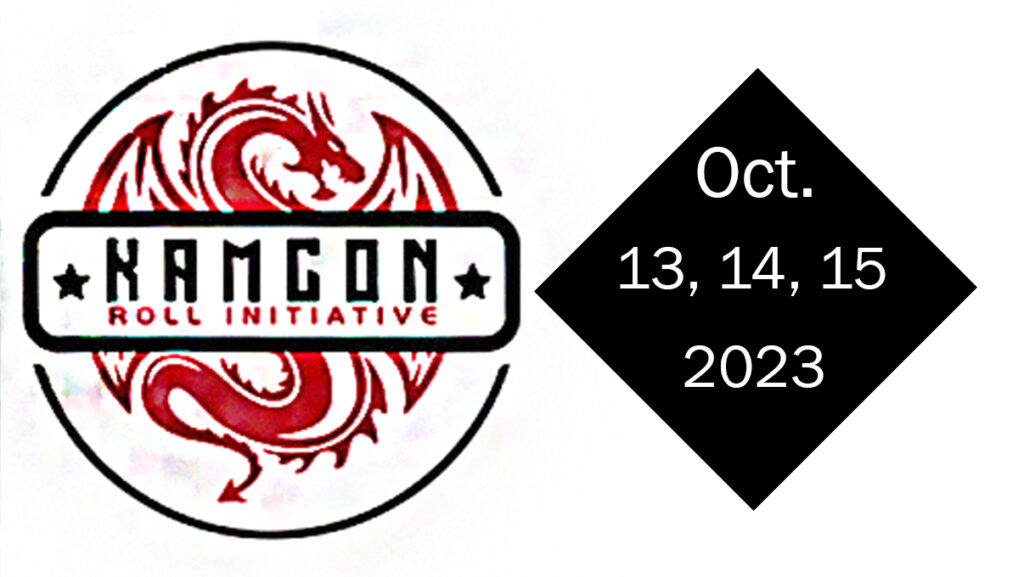 A cartoon dragon sits on the left side of the image with "Kamcon" written in the center with the words "roll initiative." On the right, a black diamond with the dates Oct. 13, 14, 15, 2023 in white.