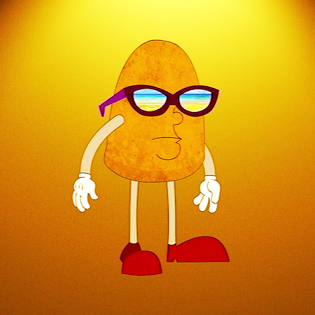 A cartoon nugget with sunglasses on stands against an orange background.